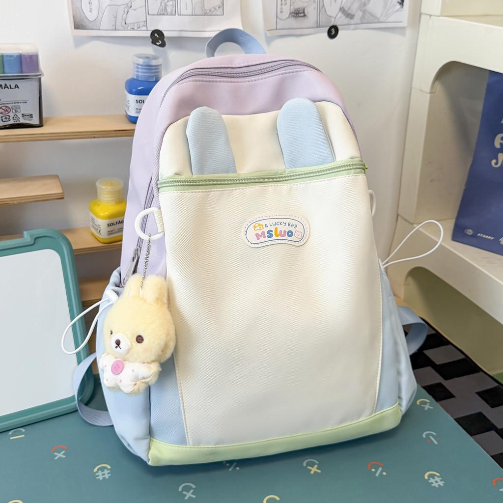 Schoolbag milk fufu color matching three-dimensional rabbit ear backpack soft cute girl holiday girlfriends travel fresh age reduction small backpack
