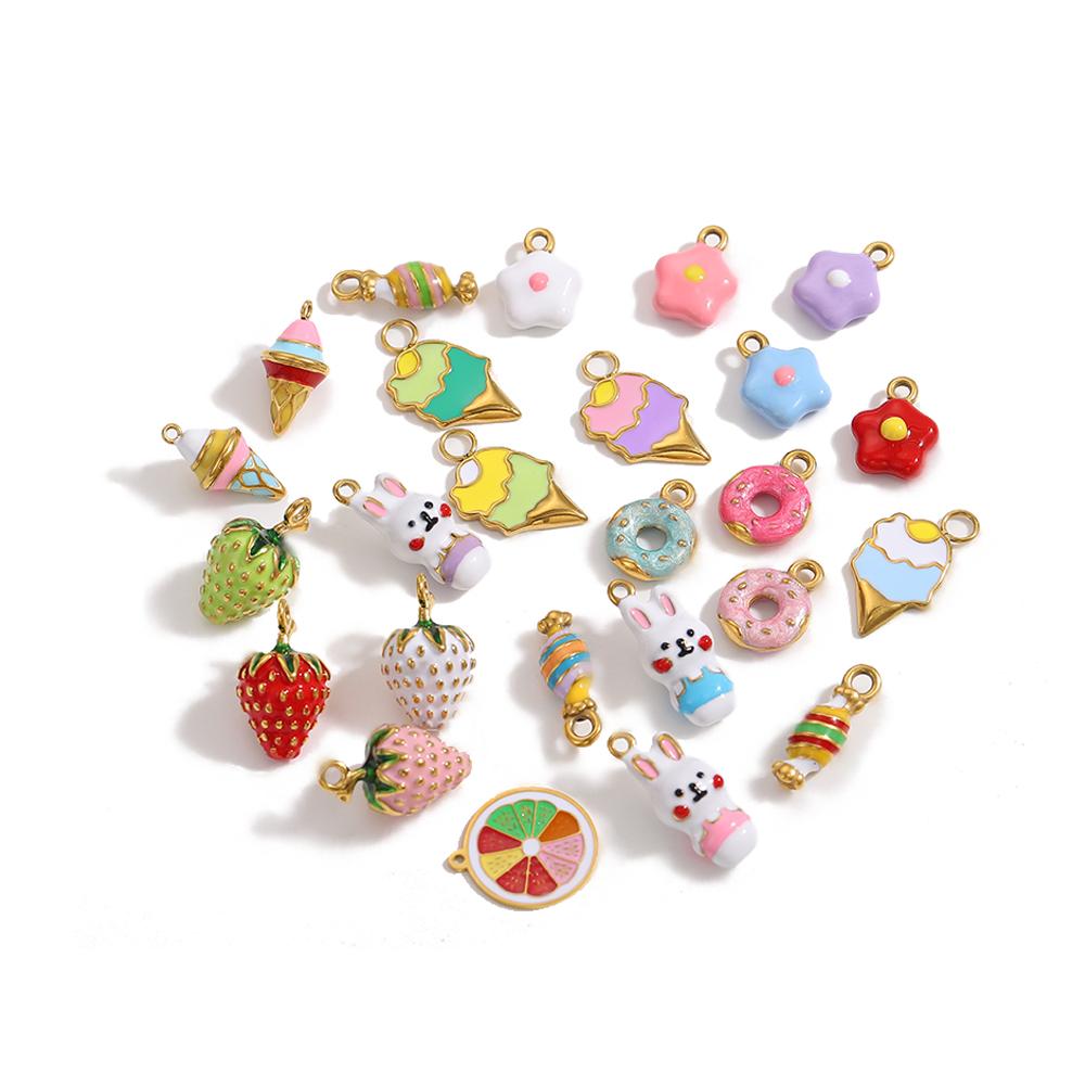 CARLIDANA Personalized Flower Stainless Steel Rabbit Pendant Strawberry Gold Plated Charm ice cream Enamel DIY Accessories