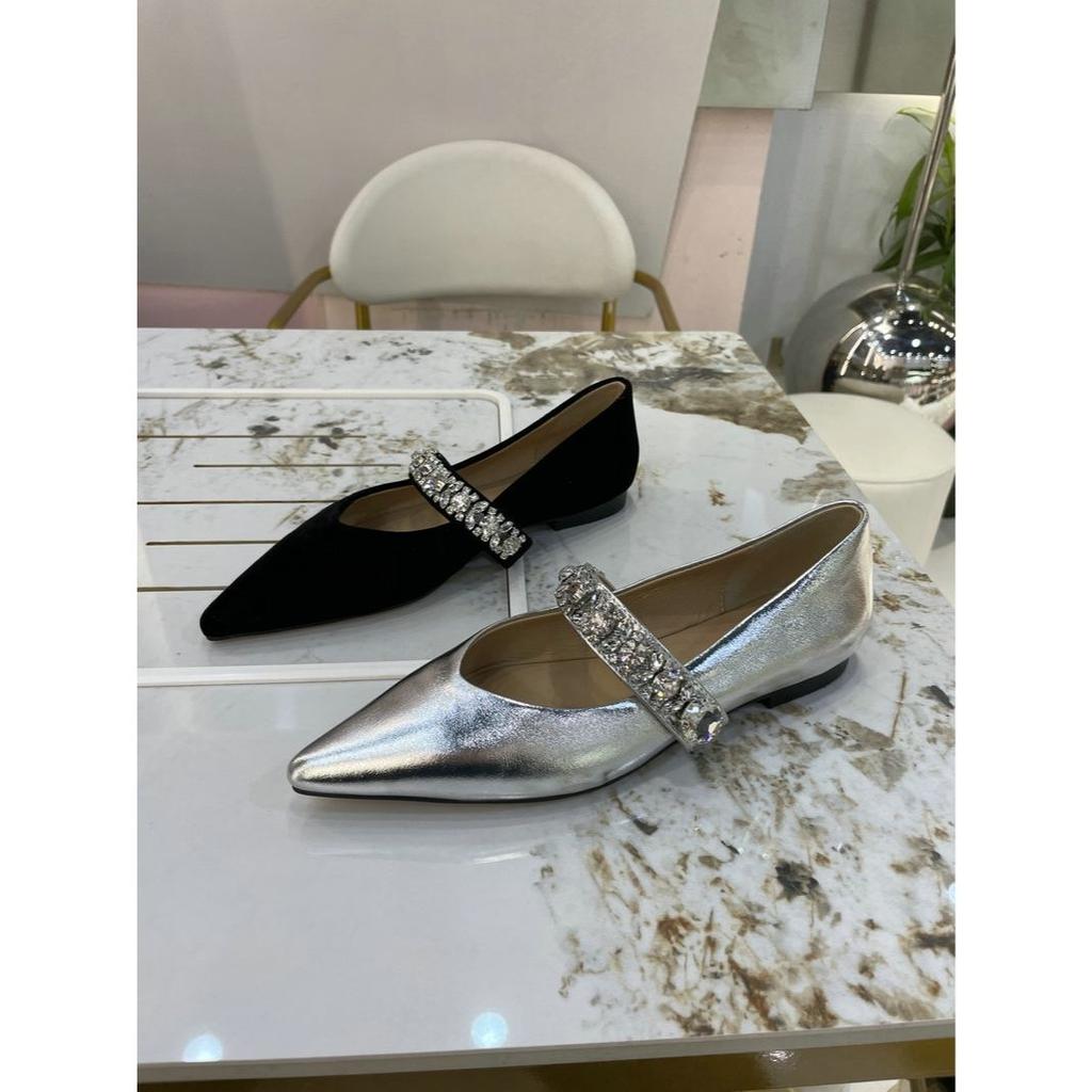 Mode Ballerinas Damen 2025 Frühling Herbst Neue Mode Spitz Flacher Boden Flacher Mund Strasssteine Schwarz Silber Luxusschuhe Damen