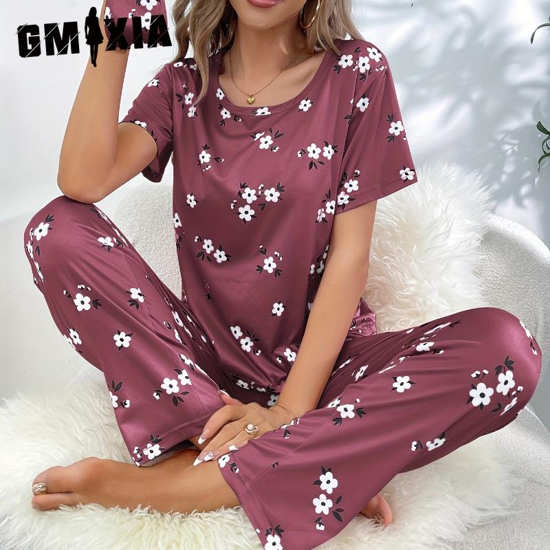 

GMXIA Женский домашний костюм с круглым вырезом, короткими рукавами и длинными брюками, с принтом маски для глаз, комплект из 3 предметов L фиолетовый