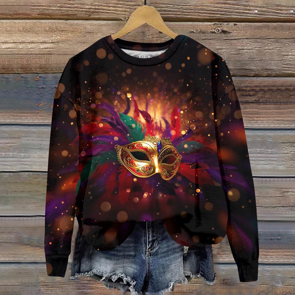 Damenmode Bedrucktes Langarm Locker Rundhals Sweatshirt Top