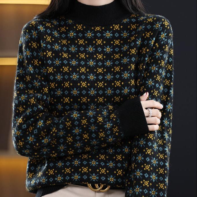 Svetr s polovičním rolákem Dámský Podzimní a zimní Květinový Ležérní Pletený svetr Top Módní Volný Nadměrný Pulovr