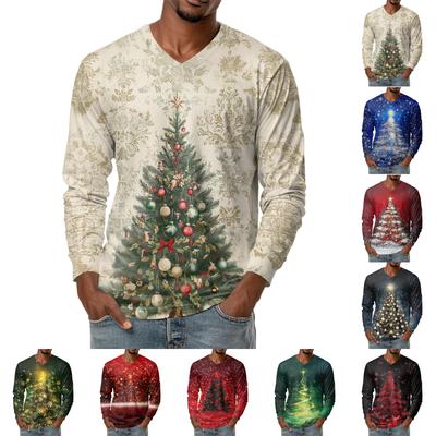 Herrenmode Bedrucktes V-Ausschnitt Freizeit Langarm T-Shirt Unterhemd Top