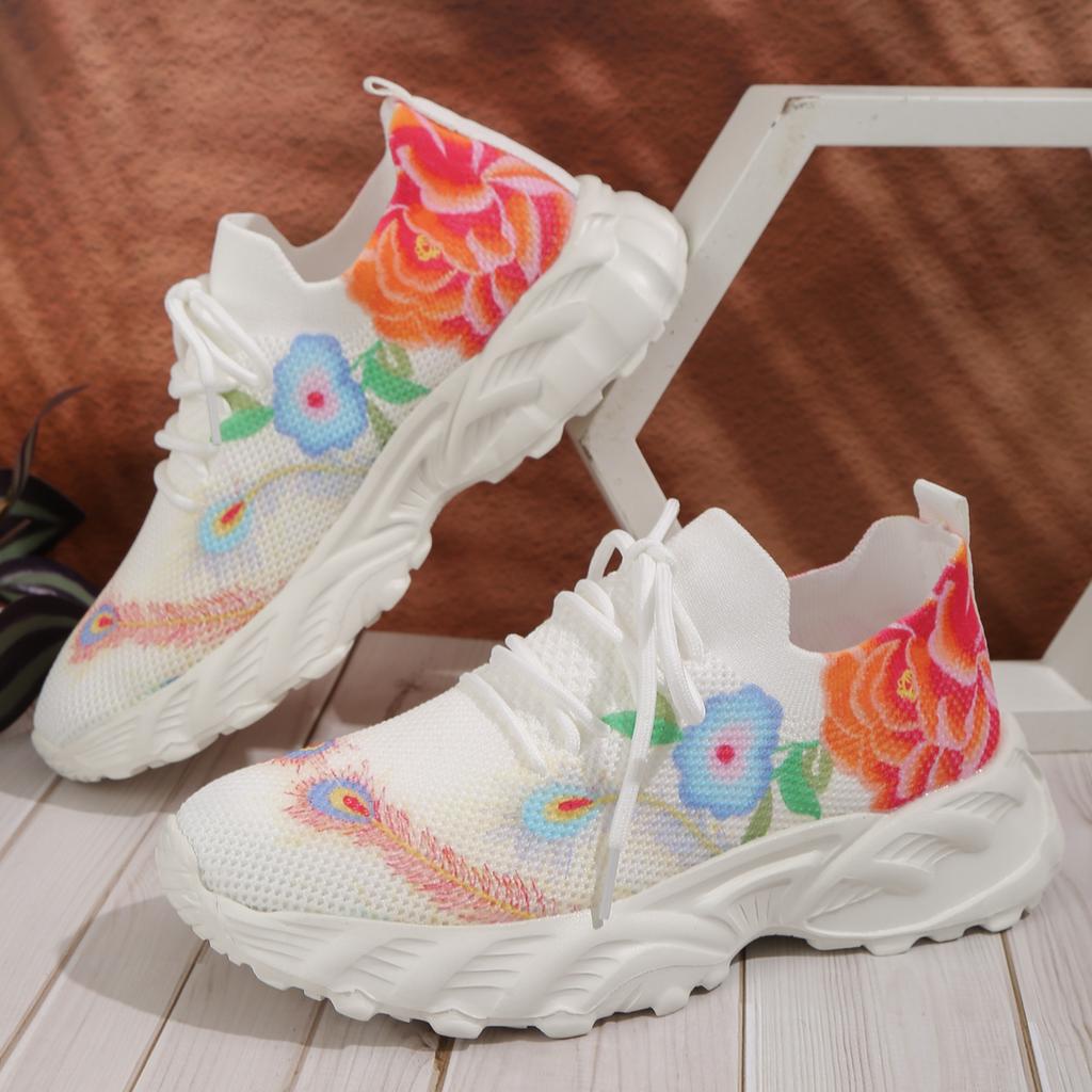 Mode Atmungsaktive Sneaker für Damen 2024 Frühling Neue Schnürung Floral Freizeit Schuhe Laufen Walking Sport Ballerinas Damen
