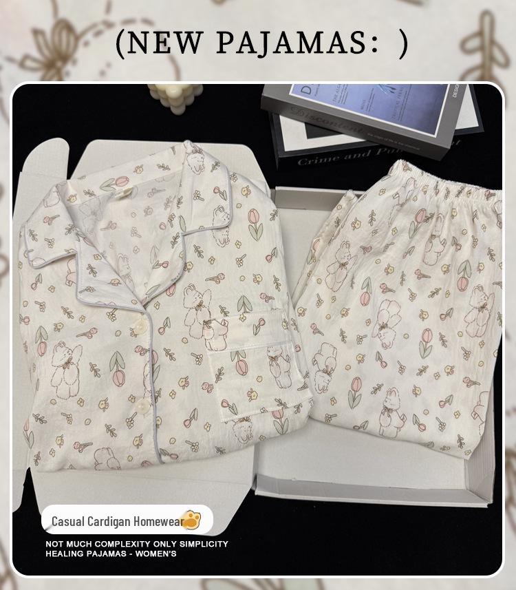 Damen Cartoon Pyjama-Set aus Wolkenbaumwolle mit Brustpolster - Langarm-Cardigan und Revers für Frühling und Herbst