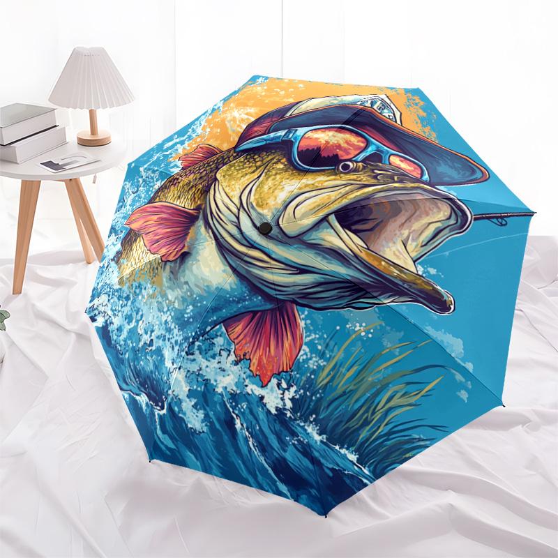 1 PC Automatic Folding Umbrella - Bass Fish Pattern, Portable & Foldable Design with 8 Ribs, Christmas Birthday Gifts