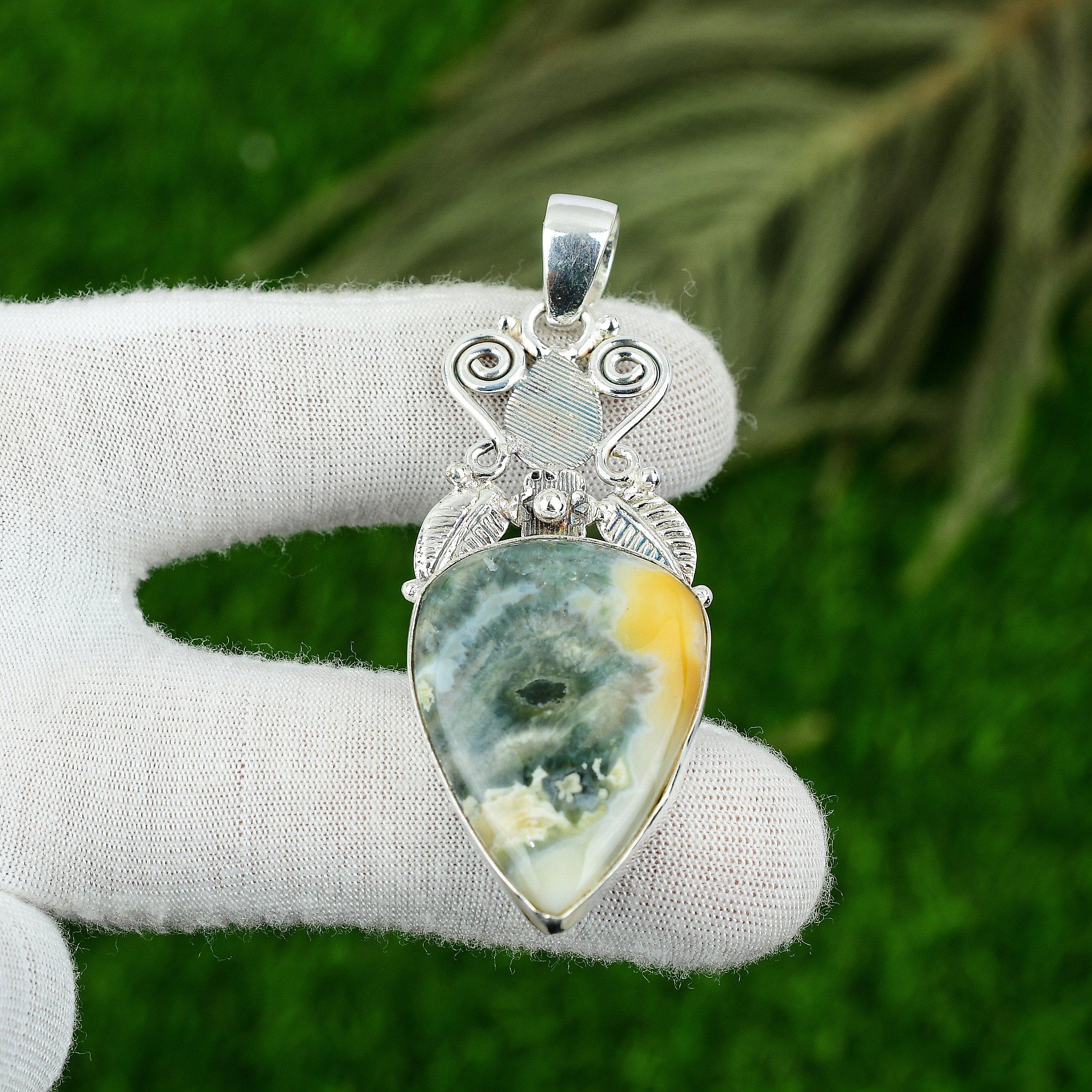Mothers day Deal Ocean Jasper Gemstone 925 Sterling Silver Bezel Wedding Pendant