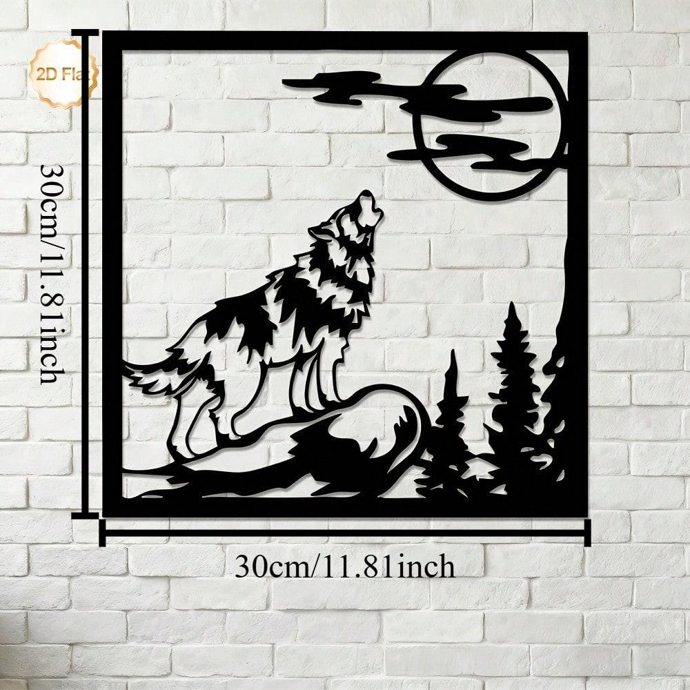 Howling Wolf Metal Wall Art, Moon & Pine Nature Decor for Home Cabin