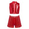 Girls Sequin Metallic Jazz Dance Outfit Mock Neck Sleeveless Back Invisible Zipper Ruffles Crop Top Shorts Set