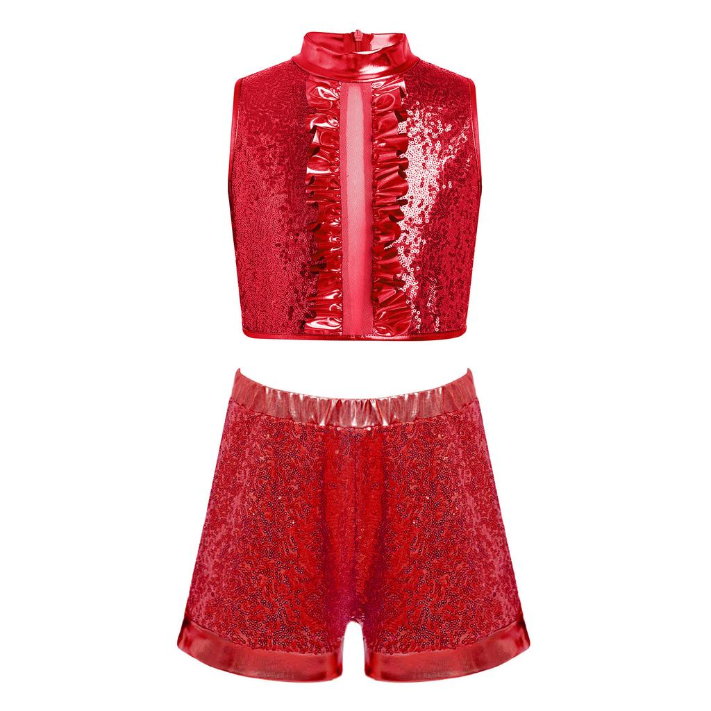 Girls Sequin Metallic Jazz Dance Outfit Mock Neck Sleeveless Back Invisible Zipper Ruffles Crop Top Shorts Set
