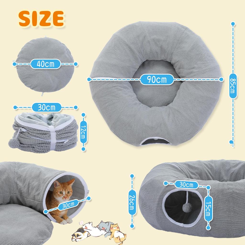 PAWZ Road Cat Tunnel Bed, Long Donut-Shaped Cat Bed/Cat House with Cushion, Durable, Large, Foldable, Space-Saving, Easy Storage, Great for Rabbits, S