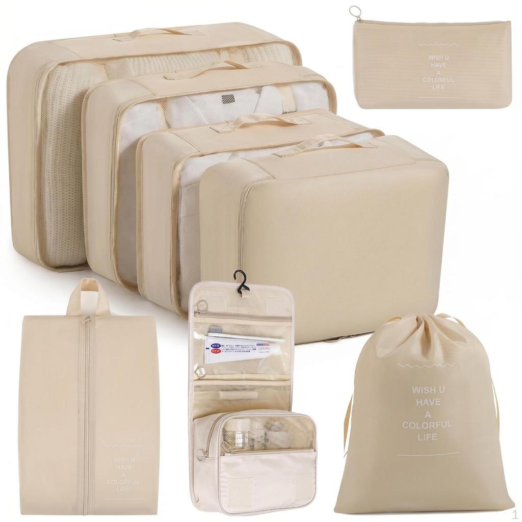 8 Pieces Travel Bag Set Mesh Panels Zippered Packing Cube SemiRigid Hanging Toiletry Gray