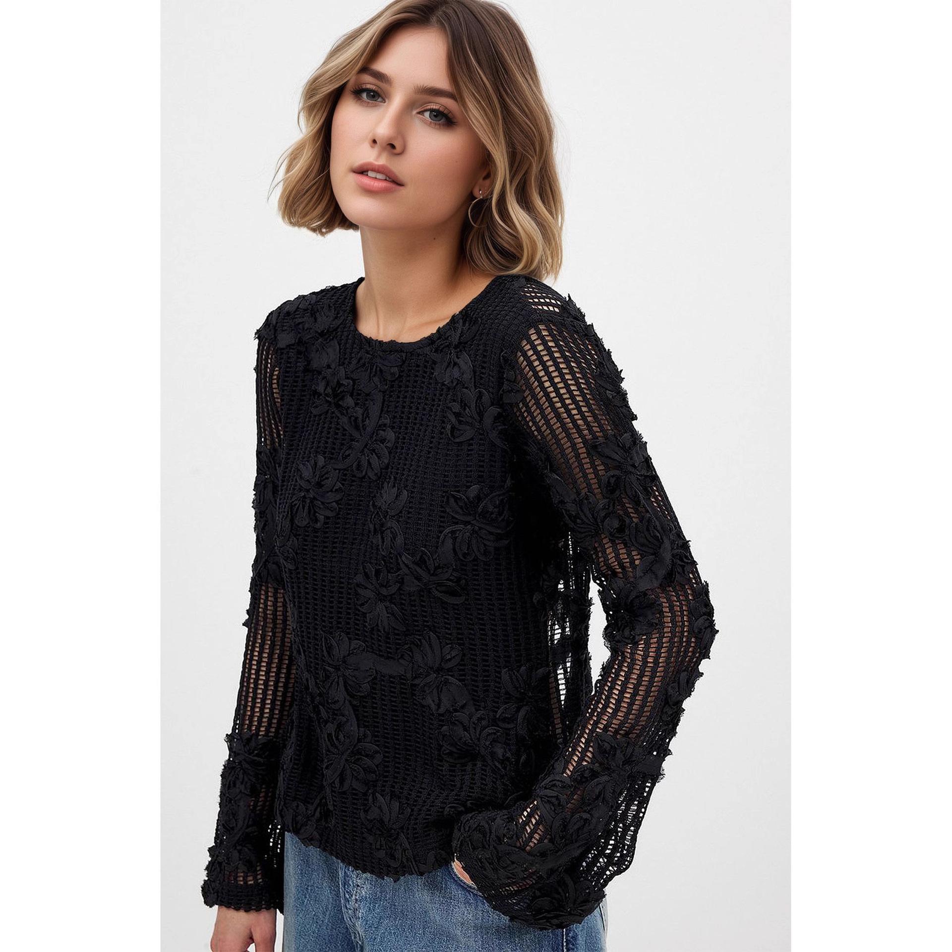 Temperament lace three-dimensional pattern knitted sweater long-sleeved back hollow lace-up versatile bottoming shirt women s cardigan top S
