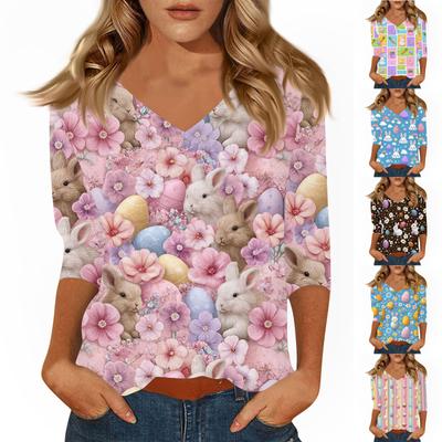 Damen T-Shirt Print 3/4 Ärmel Alltag Wochenendmode Basic V-Ausschnitt Normales Oberteil