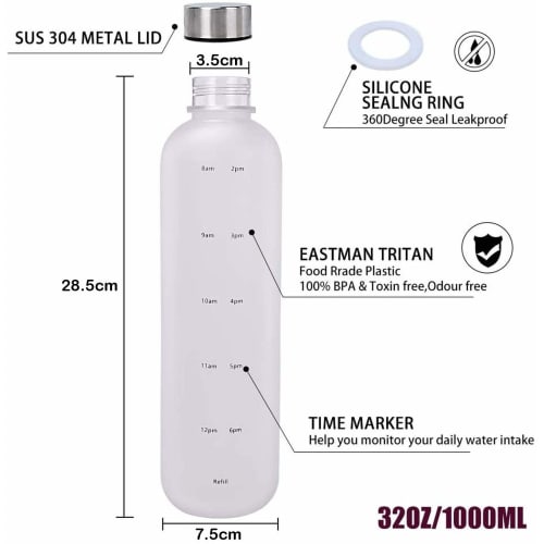 Water Bottle with Time Marker, 1000ml Silver Steel Cover, BPA-Free Drinking Reminder, Leak-Proof Frosted Time Marker for Fitness, Sports, and Outdoors