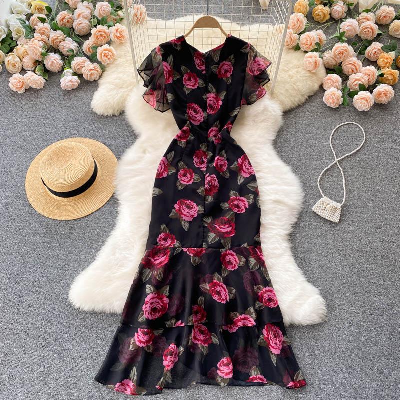Printed Dress Temperament Ruffle Fishtail Gowns Women's Dress