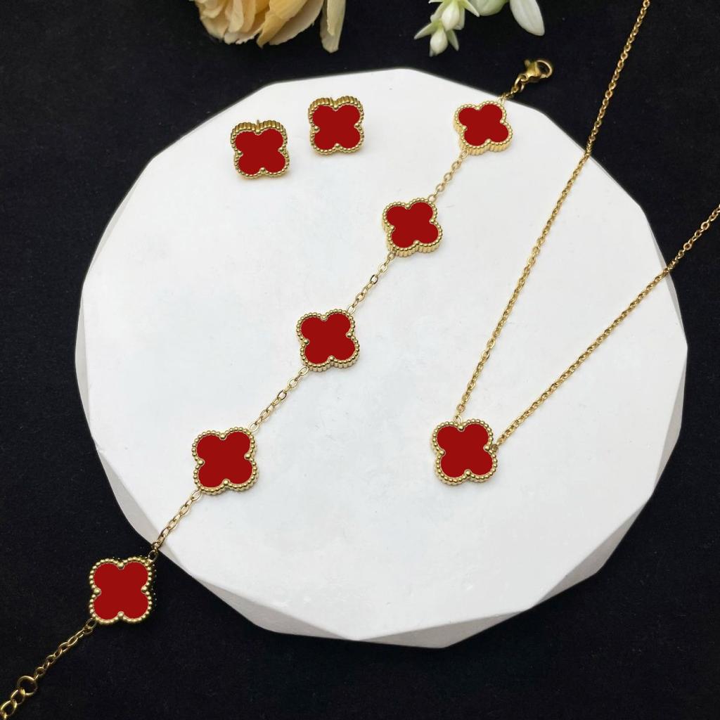 Set din trei piese colier, brățară și cercei trifoi cu patru foi de 13 mm, din oțel titan, set de bijuterii cu două fețe