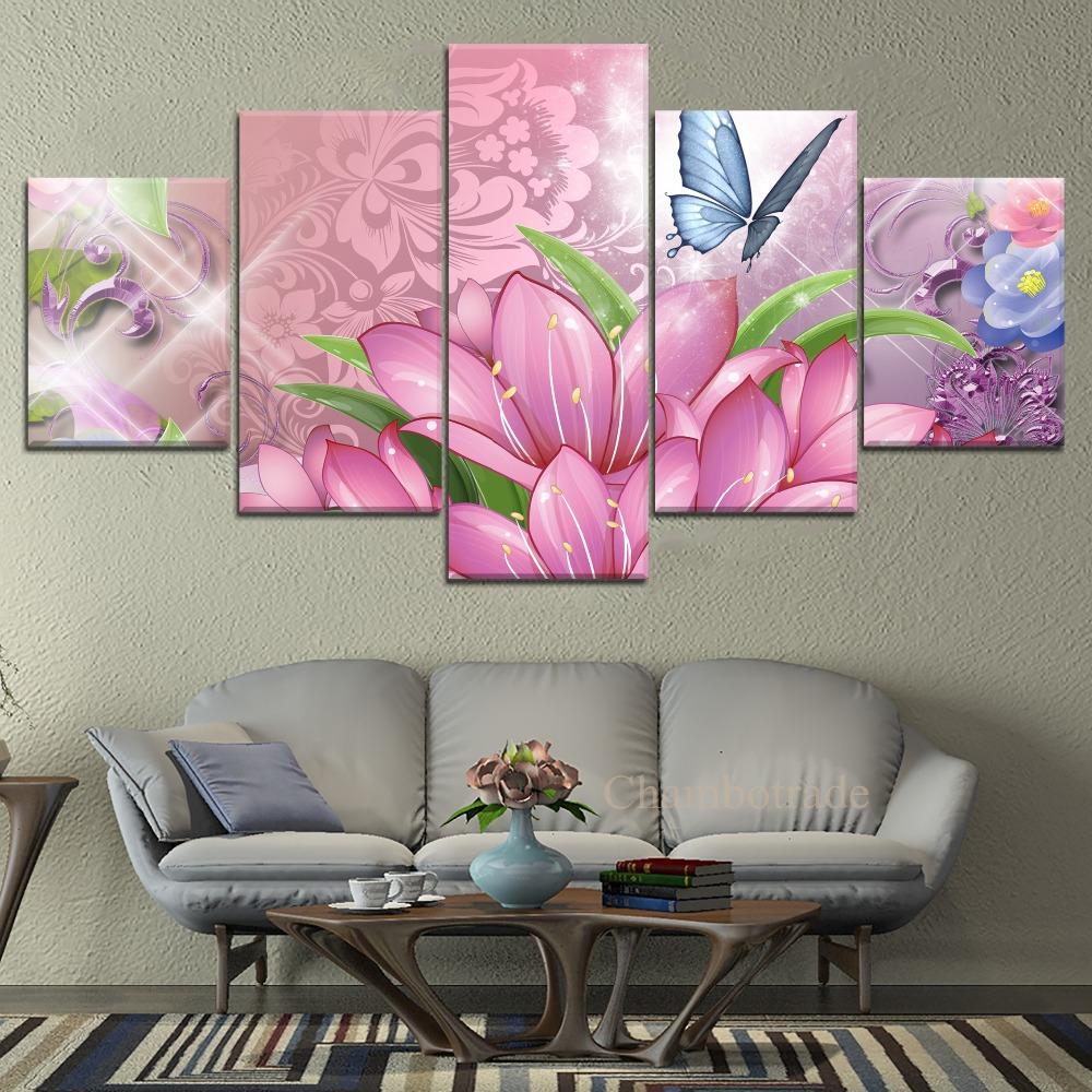 Canvas Painting 5 Panel Purple Flower Butterflies Landscape Canvas Wall Art Home Decor For Living Room Wall Picture No Frame