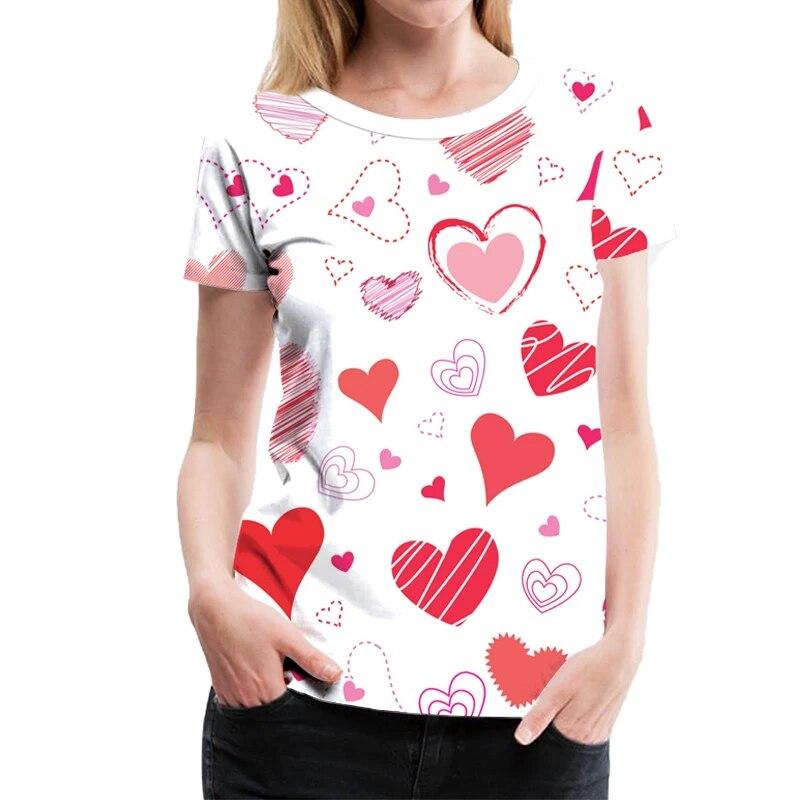 Summer Red Heart 3D Print T-shirts Women Streetwear Casual Fashion Harajuku Short Sleeve T Shirt O-neck Tops Clothing
