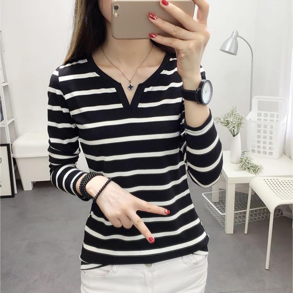 Women's V Neck Long Sleeve Striped T Shirt Slim Fit Casual Tee Basic Tops