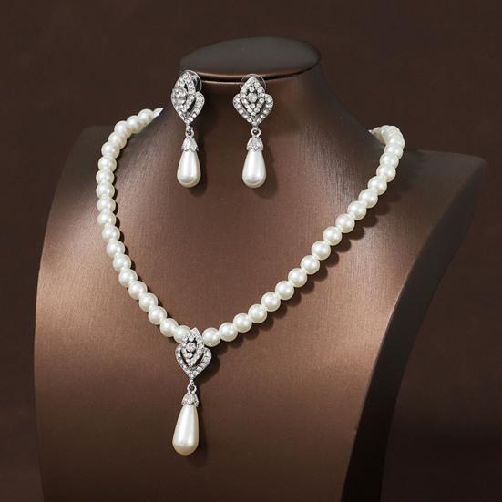 1 Set Faux Pearl Rhinestone Teardrop Pendant Necklace Jewelry Women And Earrings Elegant Beaded Necklace Jewelry