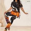 Women Plus Size Two Piece Pants Set Round Neck Short Sleeve Printed Longline Top And Fitted Long Pants