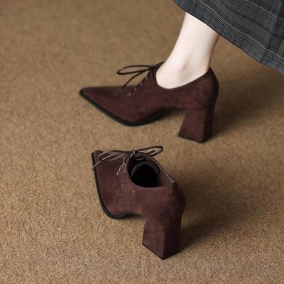 High Quality Sheep Suede Comfort Shoes 2026 Chunky Heels Oxford Shoes Pointed Toe Lace Up Women Deep Mouth British School Pumps