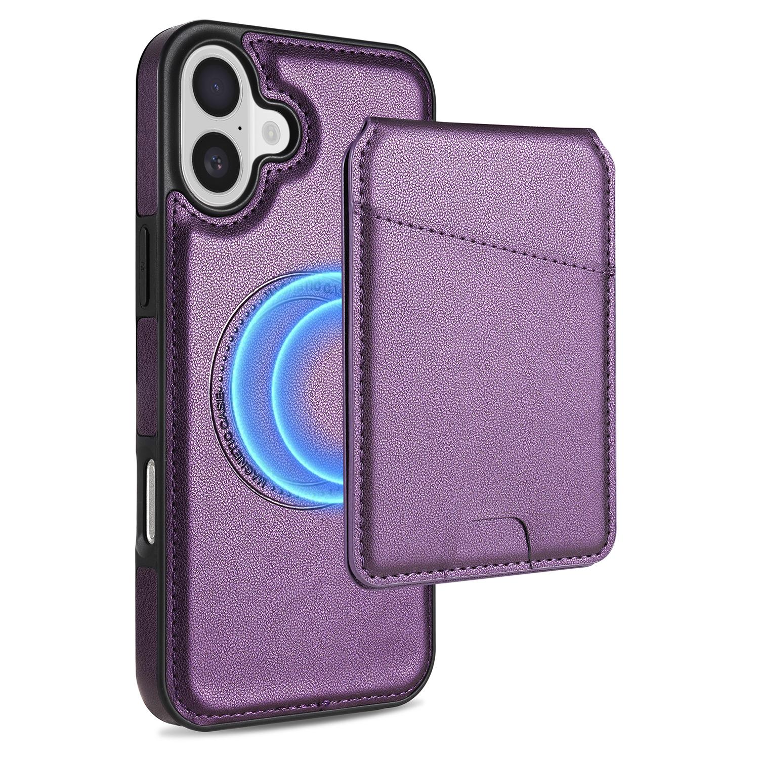 

For iPhone 16 Case Compatible with MagSafe Detachable Card Holder Kickstand Leather Phone Back Cover Purple