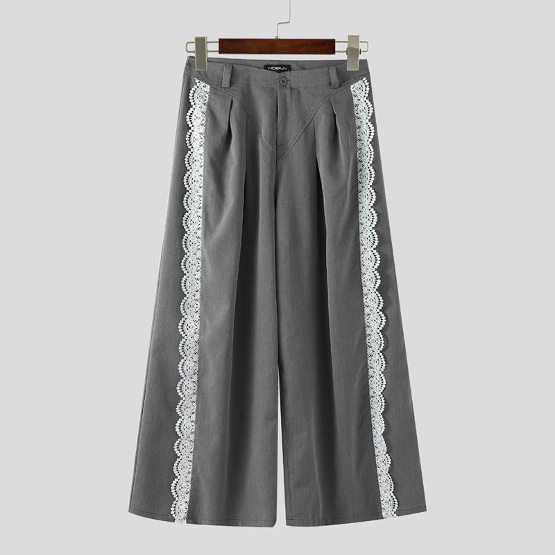 INCERUN Men Casual Zipper Waist Lace Hem Long Wide Legs Pants Trousers