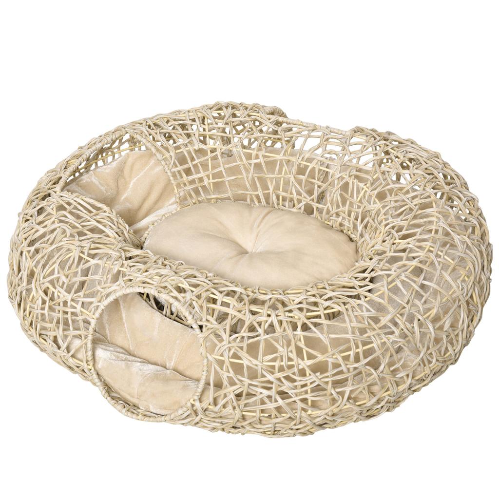 Rattan Cat Bed 78x69x22 Cm Plump Cat Basket with Soft Cushion 3 Access Holes Cat Tunnel Natural Wood