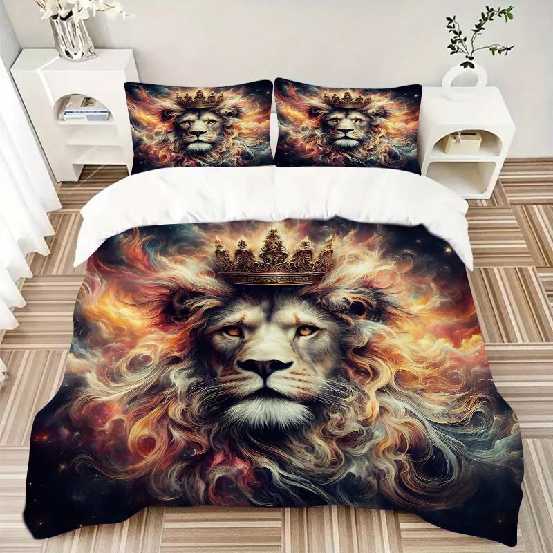 3pcs Lion's Crown Amidst Celestial Flames Bedding Set - Includes 1 Quilt Cover and 2 Pillowcases, Comfortable Bedding with Stylish Design for Bed