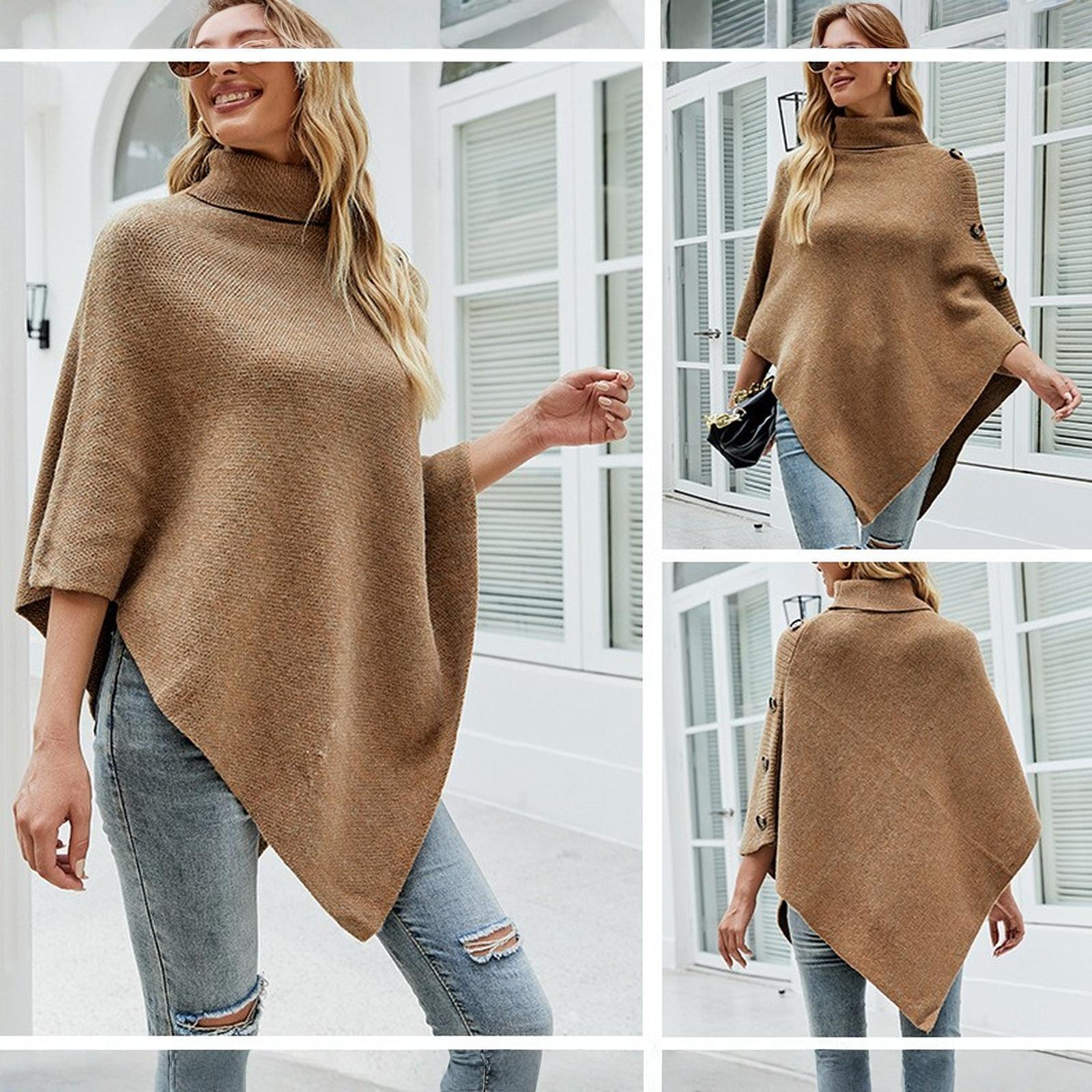 

Cape Cloak Turtleneck Sweater Knit Cardigan Coat F хаки