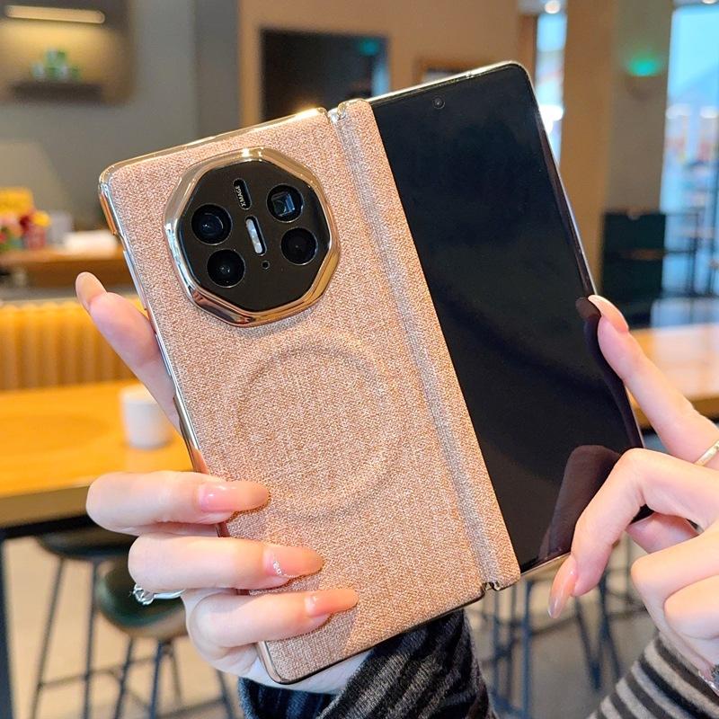 Applicable to Huawei MateX6/x5 mobile phone case, linen brown cloth pattern double central axis all-inclusive matex3 folding magnetic case
