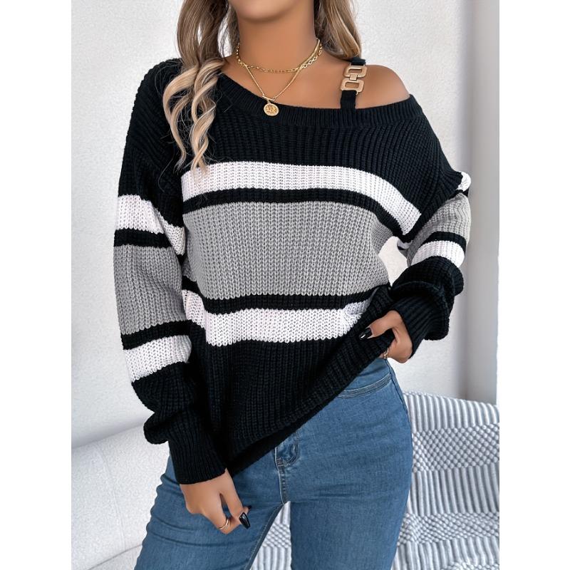 Women's Casual Off-Shoulder Color Block Striped Sweater Black &Orange Horizontal Stripes Medium Stretch Sweater One Shoulder Design