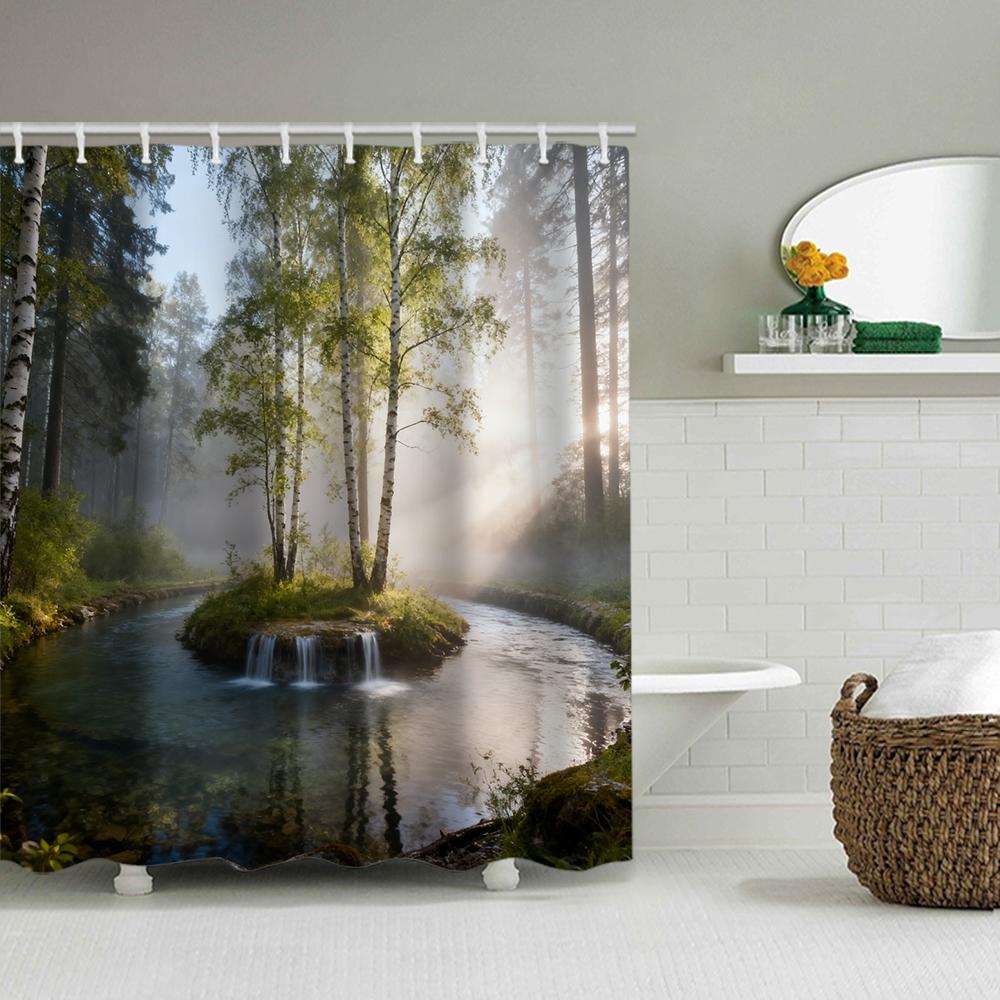 1/4 Forest Waterfalls  Print Shower Curtains, Toilet Seat Decoration, Shower Curtain with Carpet and Toilet Lid, 70.8x70.8 Inch