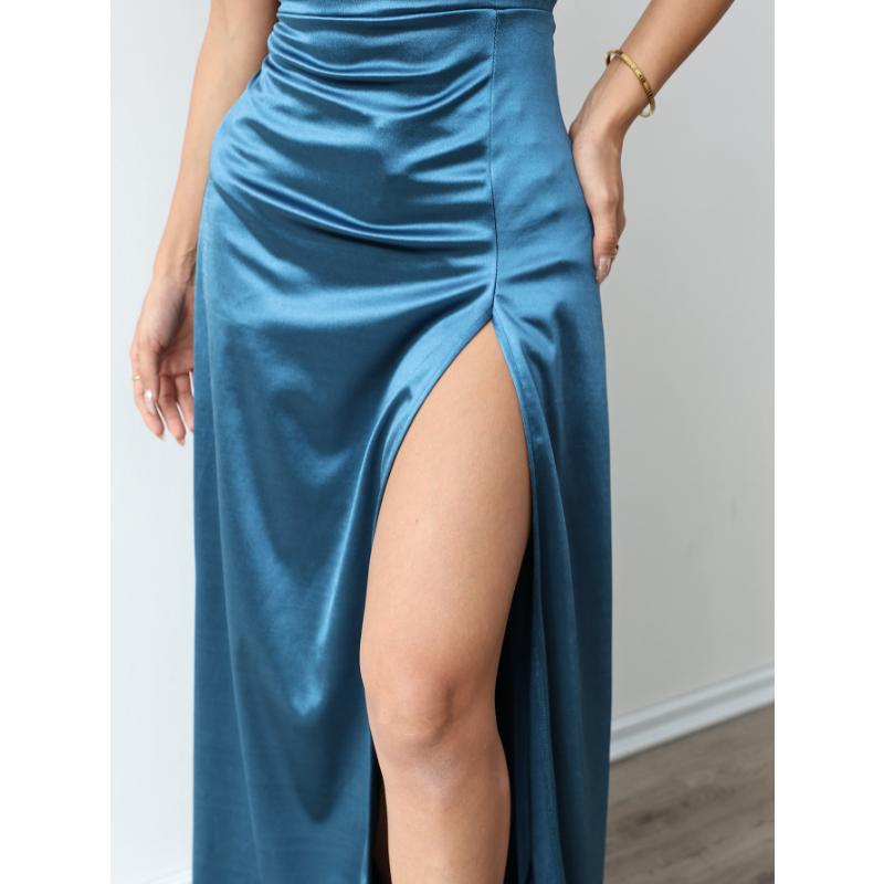 Abito Maxi da Donna in Raso con Spalline Sottili Scollo a V Profondo Spacco Alto sulla Coscia Elegante Abito da Sera Festa Cocktail Ballo di Fine Anno Ospite di Matrimonio Abito Formale