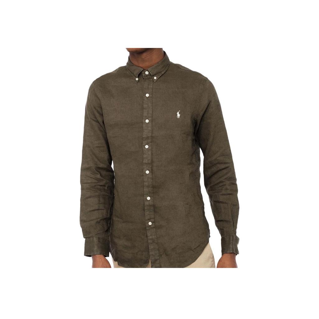 Polo Ralph Lauren FW25 Classic Solid Color Long Sleeve Linen Shirt With Pony Embroidery Men shirts Green 710866956-005
