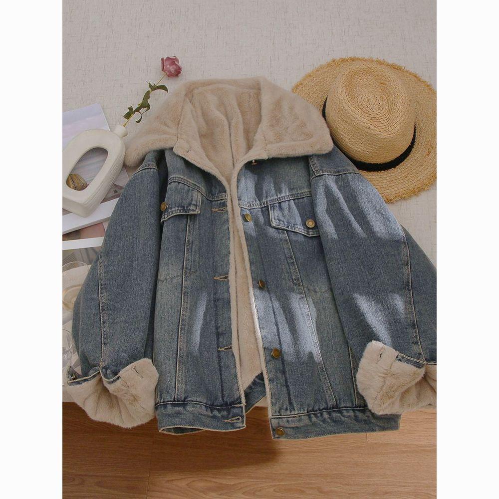 Women's Retro Velvet-Lined Denim Jacket, Oversized & Casual for Autumn/Winter 2025