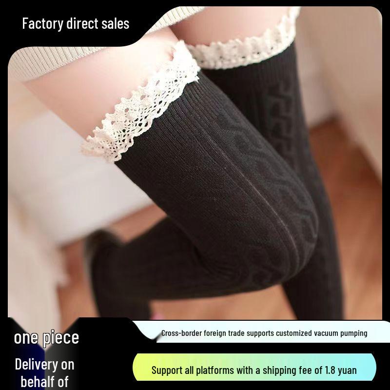 Japanese Style Twisted Lolita Over-the-Knee Lace Socks for Girls - White & Black