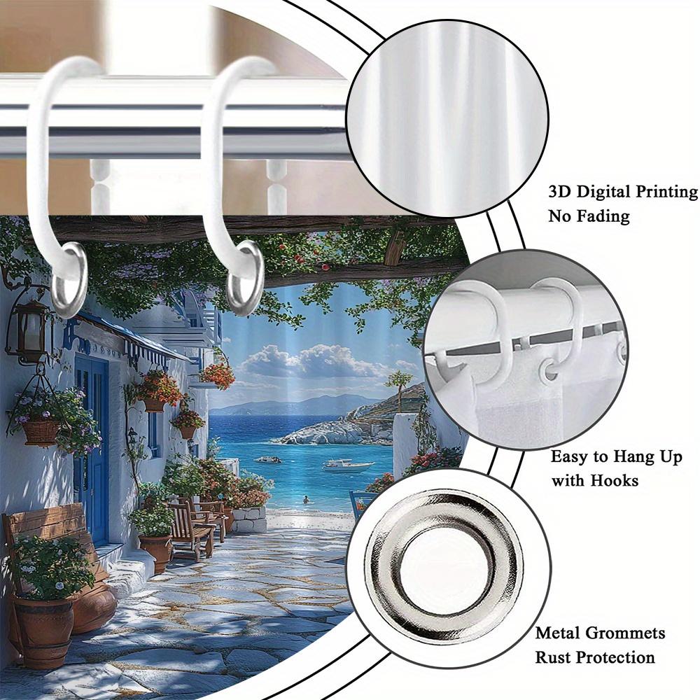 Greek Alley Shower Curtain Whitewashed Walls Terracotta Pots Flowers Polyester Machine Washable With 12 Hooks For Bathroom Decor