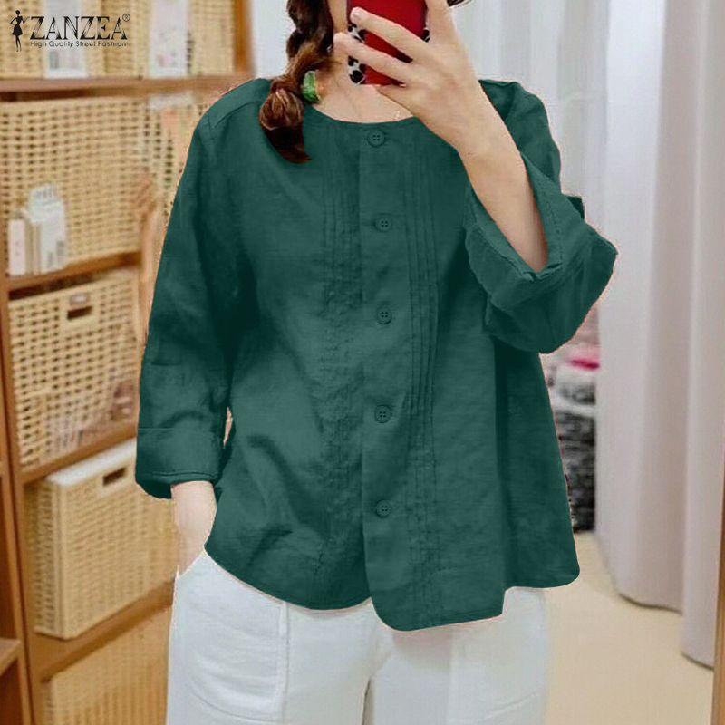 ZANZEA Bluzka damska z okrągłym dekoltem i długim rękawem w jednolitym kolorze