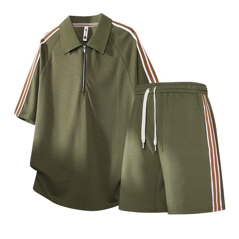 

Striped Sports POLO Shirt Suit, Loose Shorts Suit, Men s Lapel T-shirt, Three-quarter Pants Two-piece Set 2XL