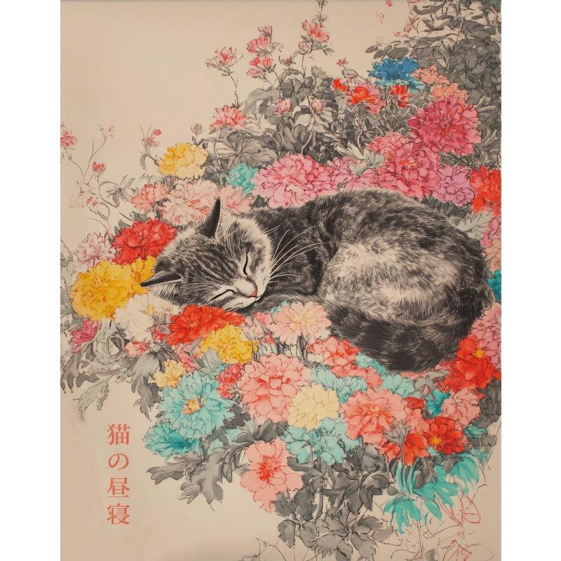 Japanische Florale Katze Nickerchen Vintage Botanische Poster und Drucke Leinwanddruck Wandkunst Bild für Wohnzimmer Heimdekoration