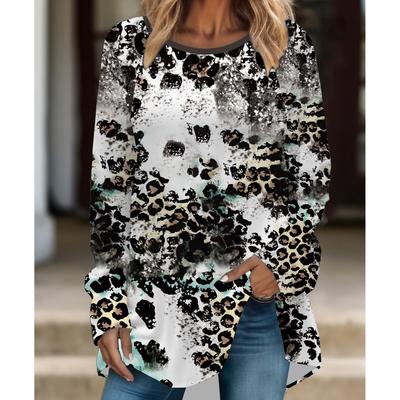 Plus Size Women Fashionable Personality  Leopard Printed Comfy Long Sleeve Round Collar T-shirt Casual Baggy Mid Length Tee Tops