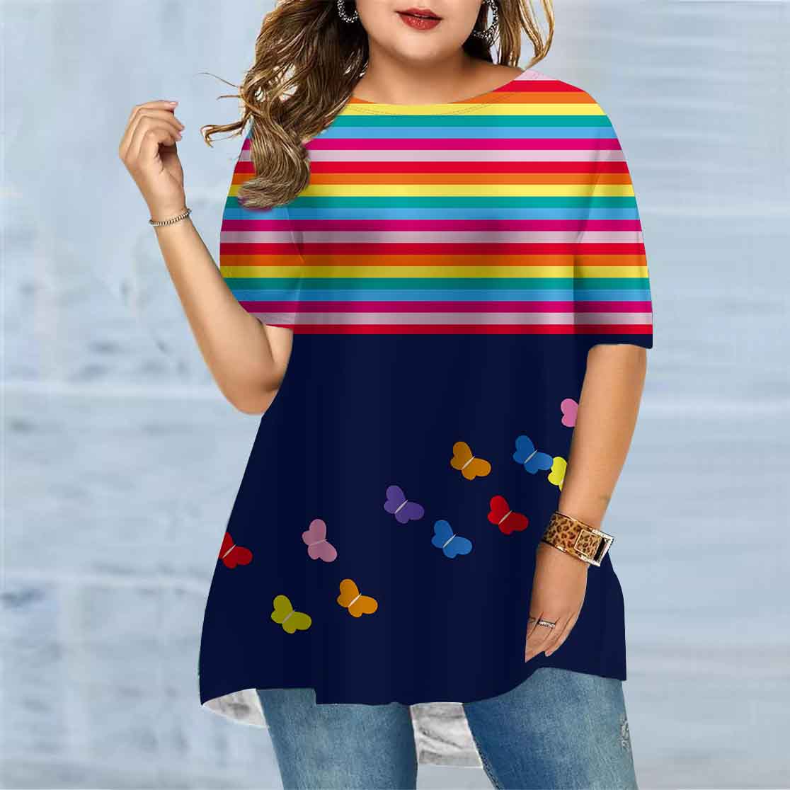 

Плюс Размер Женская летняя фиолетовая бабочка с принтом удобная футболка с короткими рукавами и круглым вырезом Повседневная мешковатая футболка средней длины 2XL