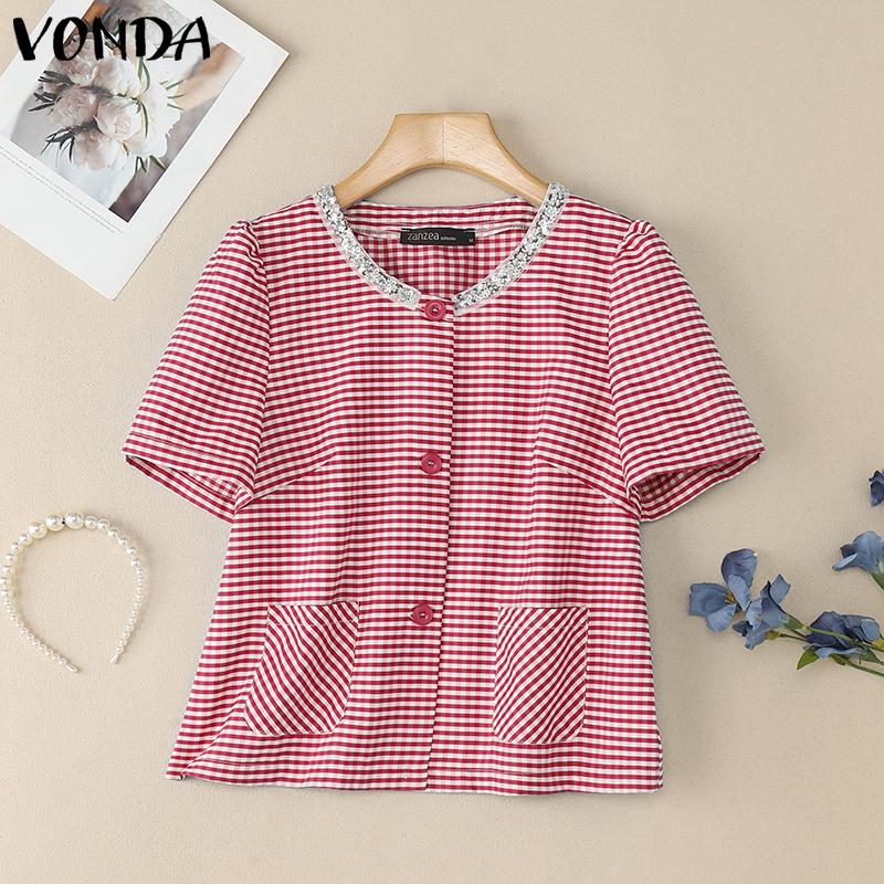 

VONDA Women Casual Sequin Collar Patchwork Short Sleeve Striped Cropped Blouse 5XL