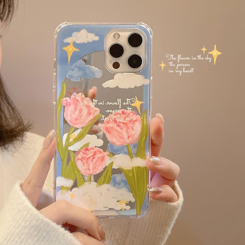 Literary Tulip IPhone 14 Apple 16 Mobile Phone Case 15 Promax Silicone 11 Makeup Mirror X Applicable