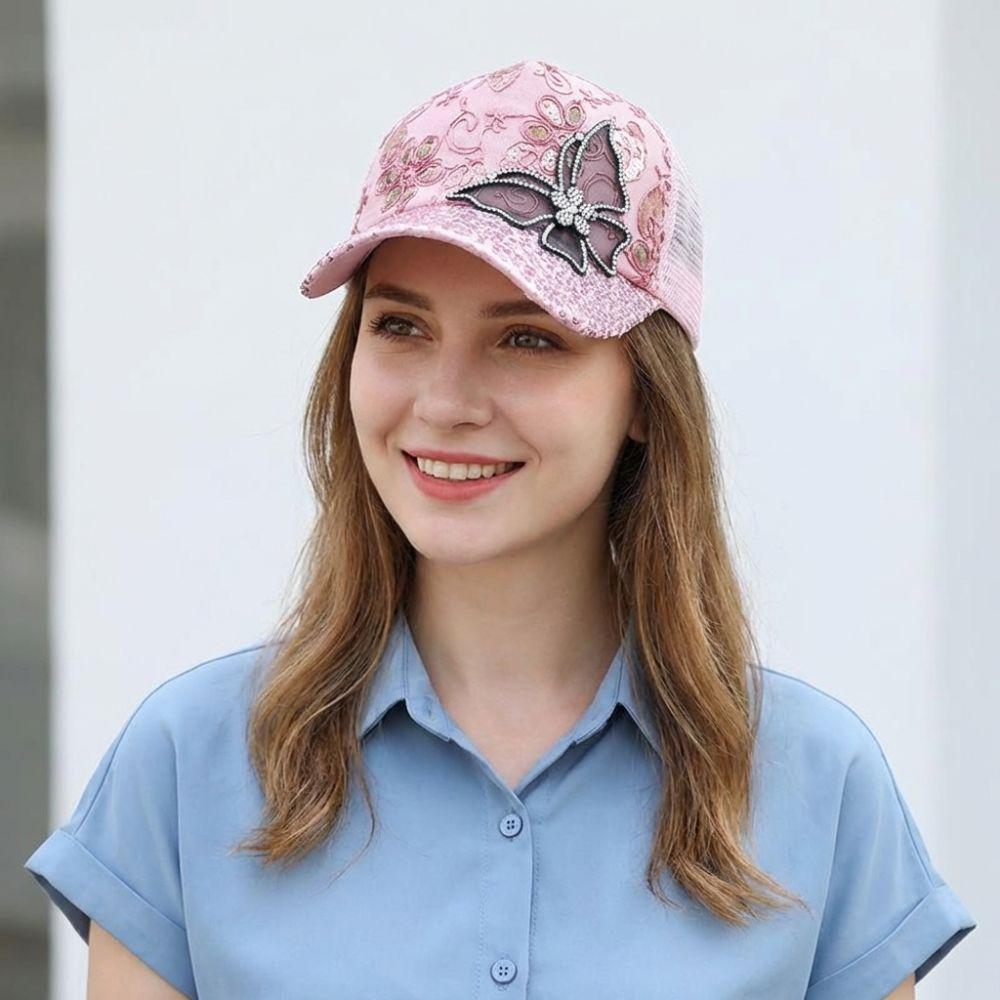 Fashion Mesh Women's Baseball Cap Breathable Butterfly Decor Sun Hat Adjustable Black Rhinestone Peaked Cap Spring Summer Autumn