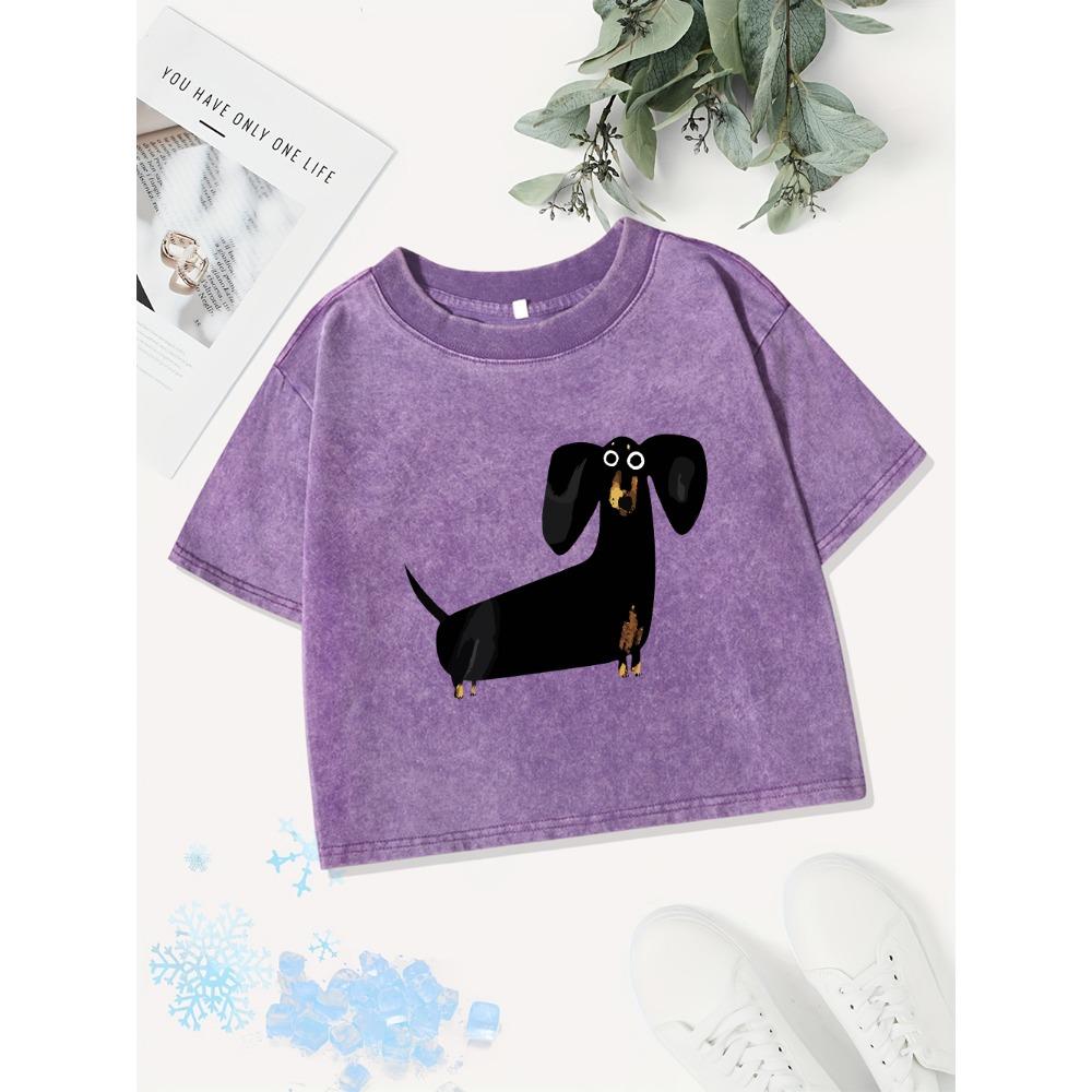 Summer Cotton Crop Tops Womens Funny Dachshund Dog Printing Washed T-Shirts Regular Fit Streetwear Y2K Clothes