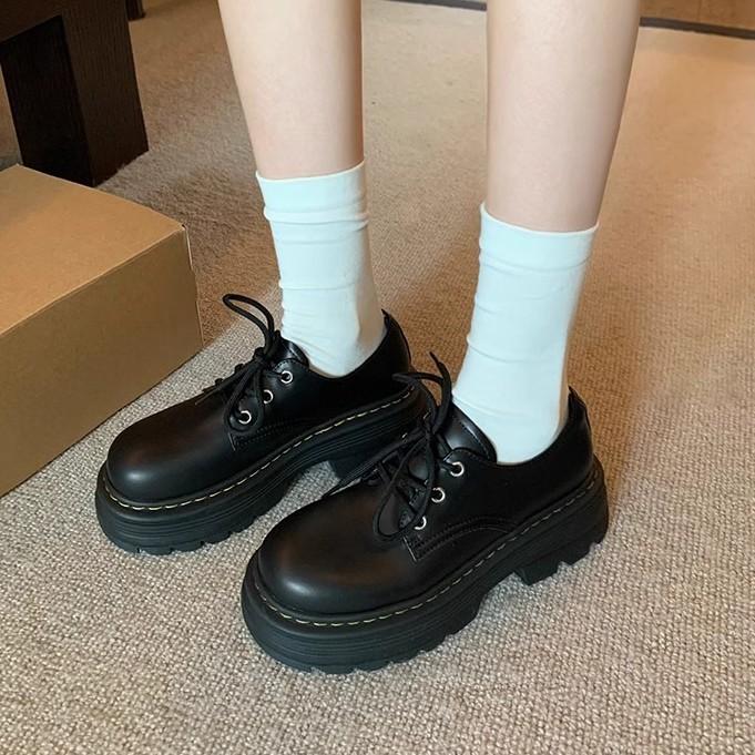 Grape mother British style small leather shoes women's comfortable platform big head women's shoes front lace-up small height-increasing loafers